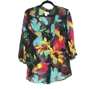 Soft Surroundings 1X 100% Silk Floral Sheer Blouse Top Black Multi Color